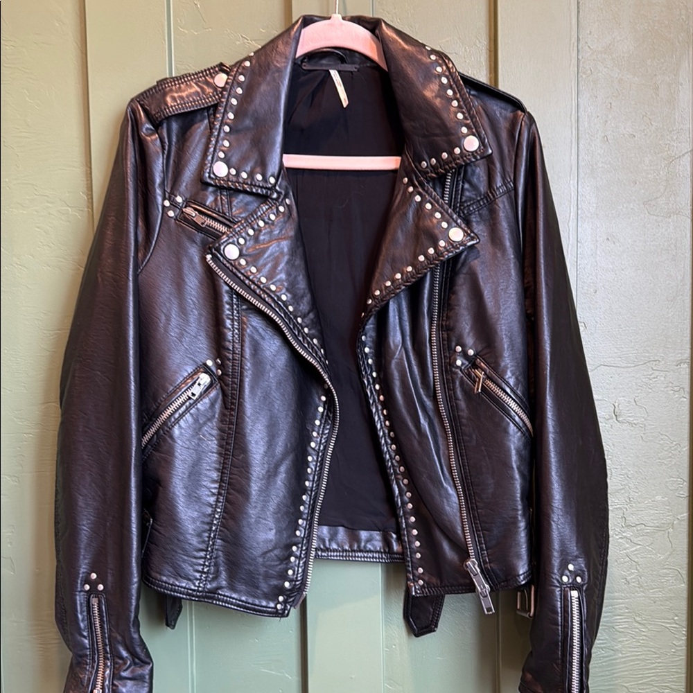 Free People Black Leather Jacket Asymmetrical Zipper